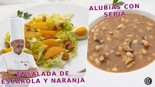 ALUBIAS BLANCAS con SEPIA  ENSALADA de escarola naranja y ajo  Recetas con Karlos Arguiñano [upl. by Nairadas]