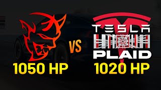 1020 HP Tesla PLAID vs 1050 HP Dodge Demon 14 mile DRAG RACE [upl. by Domenech]