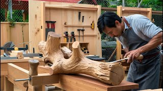 Woodworking Genius  Crafting the Most Unique Cafe Table from Eccentric Tree Trunk by Master Artisan [upl. by Pelpel]