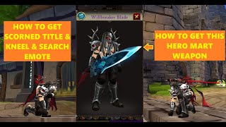 AQ3D How To Get Scorned Title amp Kneel and Search Emote  Hero Mart Weapon aq3d title emote [upl. by Nnaarat]