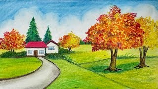 How to draw autumn season scenery ॥Fall or Autumn season scenery drawing ॥Farzana’s Art Class [upl. by Debra754]