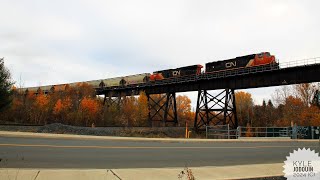 CN 5738 Capreol to Sudbury is seen Crossing the Trestle in downtown Sudbury 10232024 [upl. by Ojyllek]