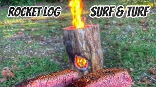 Rocket stove surf amp turf  Jet Wood Log  bushcraft fire [upl. by Ravahs]