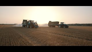 Spreading gypsum in Finland  2x Bergman spreaders  New Holland T7 tractors [upl. by Ylecara]