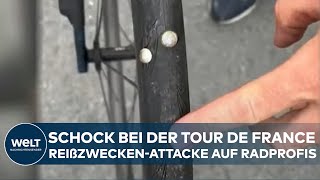 ATTACKE BEI TOUR DE FRANCE RadProfis fahren mit voller Wucht in Reißwecken auf der Strecke [upl. by Janey]