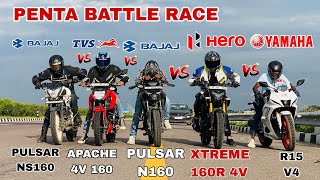 R15 v4 vs pulsar n160 vs pulsar ns160 vs apache 160 4v vs xtreme 160r 4v  penta battle race [upl. by Gitt]