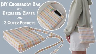 How to sew a crossbody bag with recessed zipper and 3 outer pockets  diy crossbody bag  sling bag [upl. by Aisatsana614]