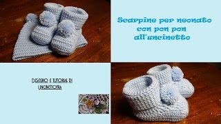 scarpine con pon pon per neonato alluncinetto tutorial [upl. by Itch]