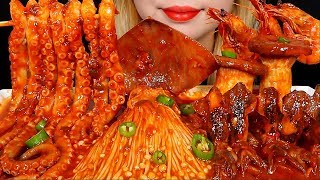 ASMR SPICY SEAFOOD octopus squid shrimp mussel MUSHROOM enoki king Mukbang Eating sounds [upl. by Seigler]