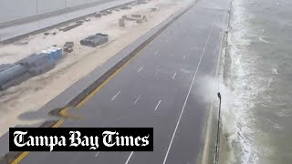 Waves crashing onto the Howard Frankland Bridge as Hurricane Helene approaches [upl. by Roland]