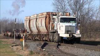 CN HiRail Boom Truck Pulling Wisconsin Central Rail Flats and Gondolas [upl. by Airolg]