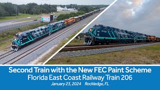 Second Train with the New FEC Paint Scheme Florida East Coast Railway Train 206  January 23 2024 [upl. by Etnasa]