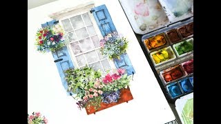 Window and Flower box  Watercolor Painting Timelapse [upl. by Leeban851]