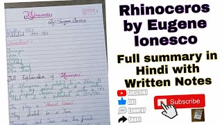 Rhinoceros by Eugene Ionesco Full summary in Hindi with written notes vbu 2022 full details [upl. by Heyward]