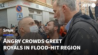 Spanish royals face angry crowd as they visit floodhit Valencia region  AFP [upl. by Ellerrad]