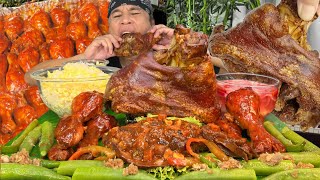 BAGNET PORK CRISPY PATA BAKED BBQ CHICKEN SPICY GIANT SQUID STEAM OKRA BAGOONG EGG RICE MUKBANG [upl. by Ettenel]