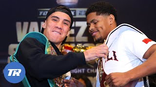 Oscar Valdez amp Shakur Stevenson Try to Grab Each Other Belts During Faceoff  Fight Sat Apr 30 ESPN [upl. by Curren]