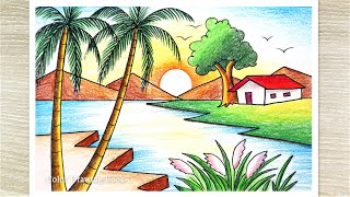 Beautiful Sunset Scenery Drawing with color pencil Easy drawing for beginners [upl. by Ihcehcu702]