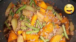 GINISANG KALABASA SITAW AT SAYOTE WITH GINILING NA BAKASauteed Squash String Beans and Chayote [upl. by Uthrop288]