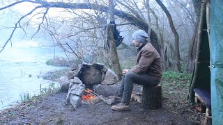 Bushcraft Camp Catch and Cook Overnight in a Tarp Shelter [upl. by Reteip]