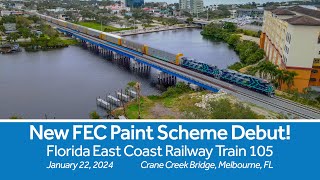 New FEC Paint Scheme Debut Florida East Coast Railway Train 105 Crossing the Crane Creek Bridge [upl. by Annissa]