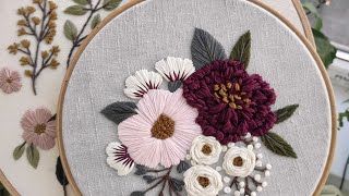 Pink and Burgundy peonies Hand embroidery for beginners [upl. by Enttirb]