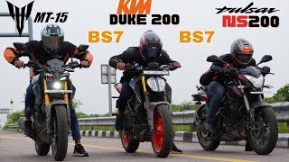 Duke 200 LED vs NS200 BS7 vs MT15 V2 Drag Race [upl. by Ellennoj376]