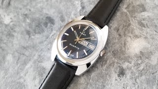 Serviced 1977 Timex Q Quartz Mens Vintage Watch New Strap Blue Dial Day Date [upl. by Airotna]