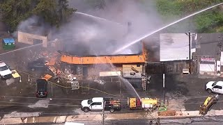 Fire at BBQ restaurant after gas leak on Campbellton Road  Aerials [upl. by Knight]