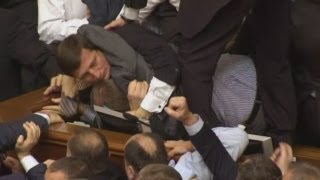 Brawl erupts in Ukrainian parliament Klitschko watches from sidelines [upl. by Naihtsirc785]