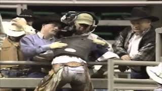 White Lightning wrecks Rider amp Bullfighter  96 Calgary Bullbustin [upl. by Puna]