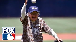 105yearold throws better first pitch than 50 Cent [upl. by Brig458]