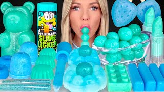 ASMR MUKBANG Teal Blue Dessert Edible Slime Blue Raspberry Drink Gummy Bear Strawberry Wax 먹방 [upl. by Adlaremse169]