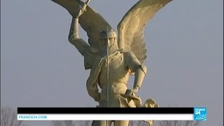 Mont SaintMichel Infamous St Michael statue airlifted from island for restoration [upl. by Bradman]