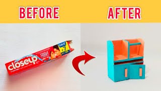 DIY miniature FURNITURE from toothpaste boxTeen Craft [upl. by Oilalue]