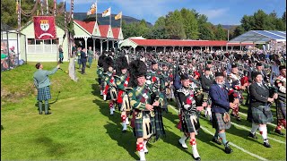 Massed Pipes amp Drums Games field march with Atholl Highlanders at 2024 Braemar Gathering in Scotland [upl. by Katushka]