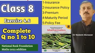 Class 8 Exercise 46 NBF Maths Ex 46 insurance policy  Define Premium  Sir Nadeem Munawar [upl. by Olnek]