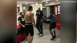 Eric Bailly jokingly kicks Man United teammate Zlatan Ibrahimovic [upl. by Mallorie]