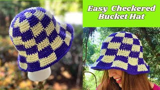 Easy Crochet Checkered Bucket Hat Tutorial Uses Beginner Stitches [upl. by Richer895]