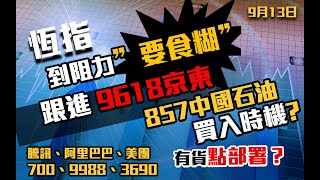 港股速報 恆指到阻力要食糊 ｜9618京東跟進｜857中國石油買入位｜ 700騰訊｜9988阿里巴巴｜3690美團｜恒生指數｜港股 ｜9月13日 [upl. by Caspar107]