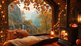 Cozy Autumn Cabin Ambience with Crackling Fire Sounds and Pumpkin Glow  Relaxing Fall Escape [upl. by Medrek842]