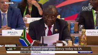 G20 Summit  Brazil to hand over presidency to SA today [upl. by Bonnes]