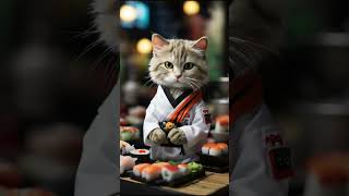 cat in sushi chef attire making sushi in a sushi barcat catvideo catshorts pets [upl. by Ahsiad]