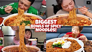 MUKBANGERS EATING THE BIGGEST BOWL OF SPICY NOODLES🍜🌶️🔥🥵 [upl. by Gatias]