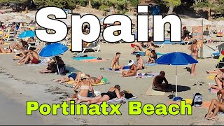 🏝️Ibiza Spain Portinatx Beach Beautiful Beach in Ibiza  Many people in the beach Beach walk🏝️ [upl. by Anauq]