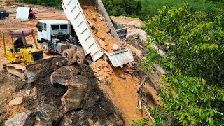 Excellent Land Filling Operator On The Mountains With 10 Wheels Trucks amp Dozer D37E Pushing Stone [upl. by Yellat]