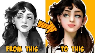 GRAYSCALE to COLOR digital painting  Semi Realistic Drawing Tutorial [upl. by Ative]