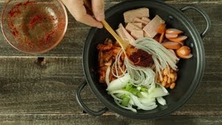 korean food spicy sausage stew army camp stew budae jjigae 부대찌개 [upl. by Flori]