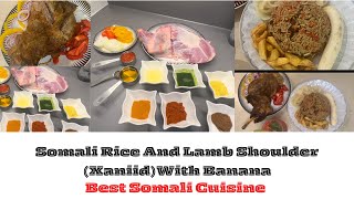 Easy and Delicious Somali Rice and Lamb Shoulder Haniid With Banana [upl. by Yursa]