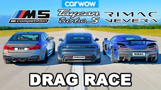 Rimac Nevera vs Porsche Taycan vs BMW M5 DRAG RACE [upl. by Lucania]